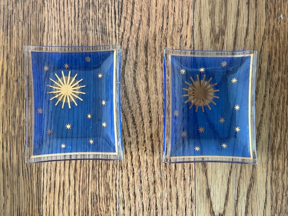 Vintage Celestial Glass Trinket Dishes Set of 2 Blue Gold Starburst